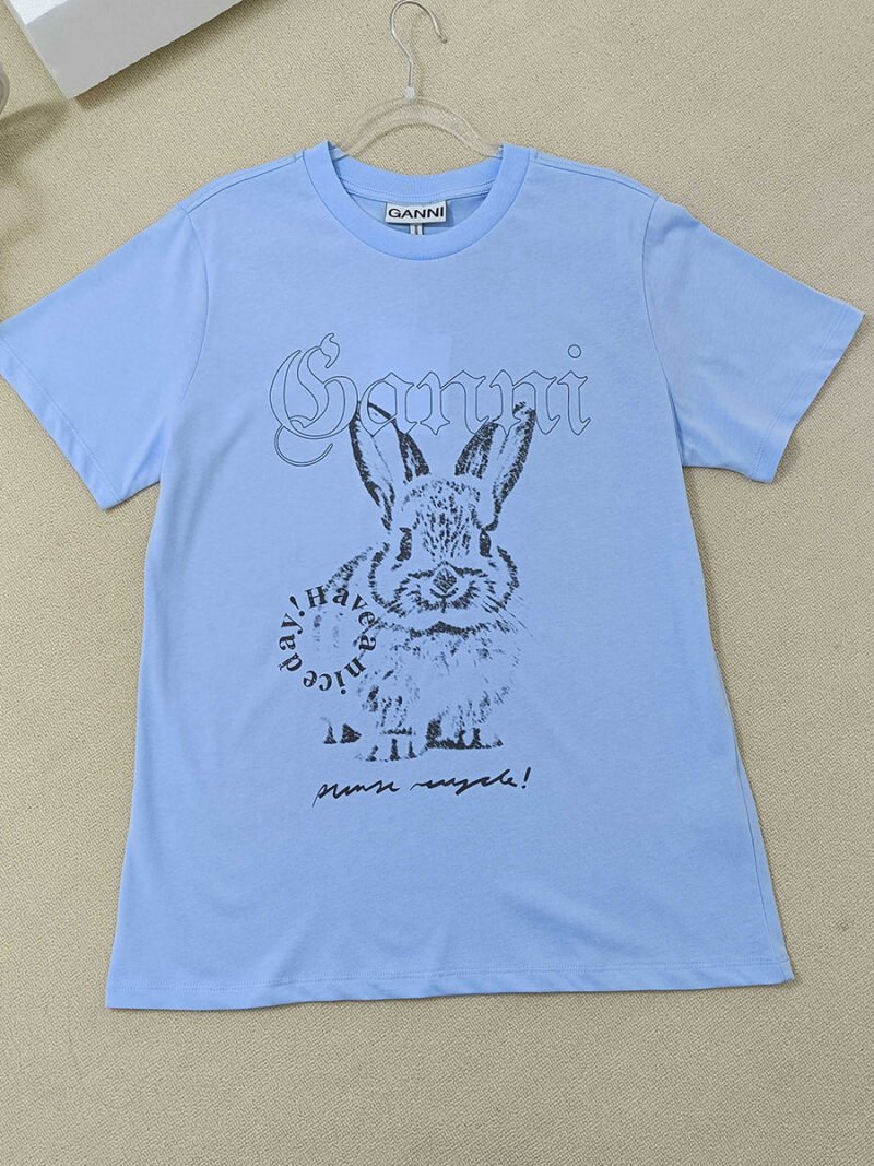 Rabbit Printed Graphic Letter Blue T-shirt Women Round Neck Cotton Casual Fashion Tops T-shirts Summer-GN09 - 图片 11
