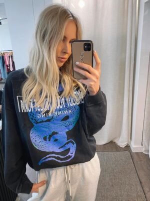 Blue Snake Letter Print Washed Snowflake Color Round Neck Sweater Women's Pullover-ABS2443BK