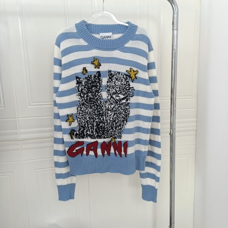 Cat Intarsia Letter Striped Knitted Wool Blend Long Sleeve Pullover Sweaters Women-GN24 - 图片 5