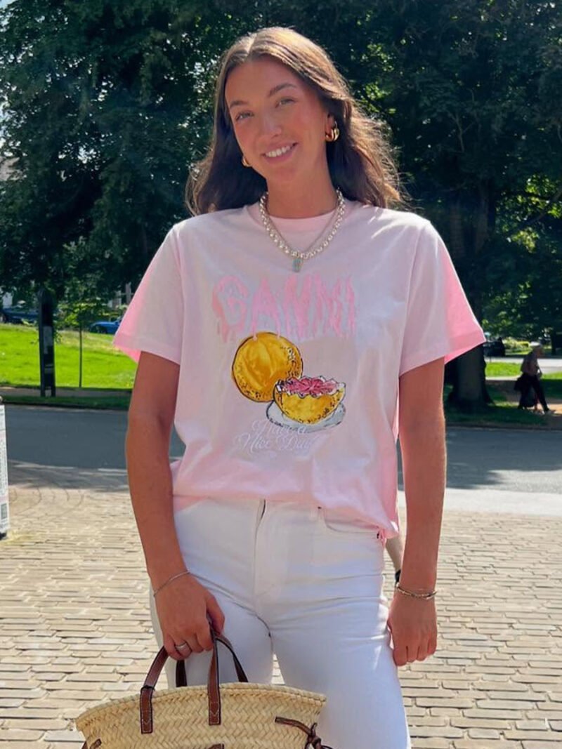 Pink Letter Embroidery Fruit Printed Classic T-shirt Women-GN20