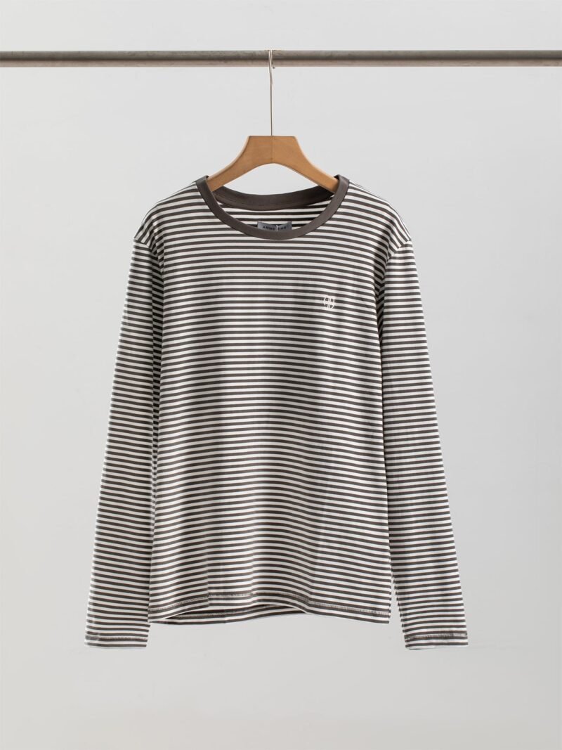 Autumn Light Green Striped Logo Embroidery Women's Loose Long-sleeved T-shirt-ABC12GNstrip - 图片 2