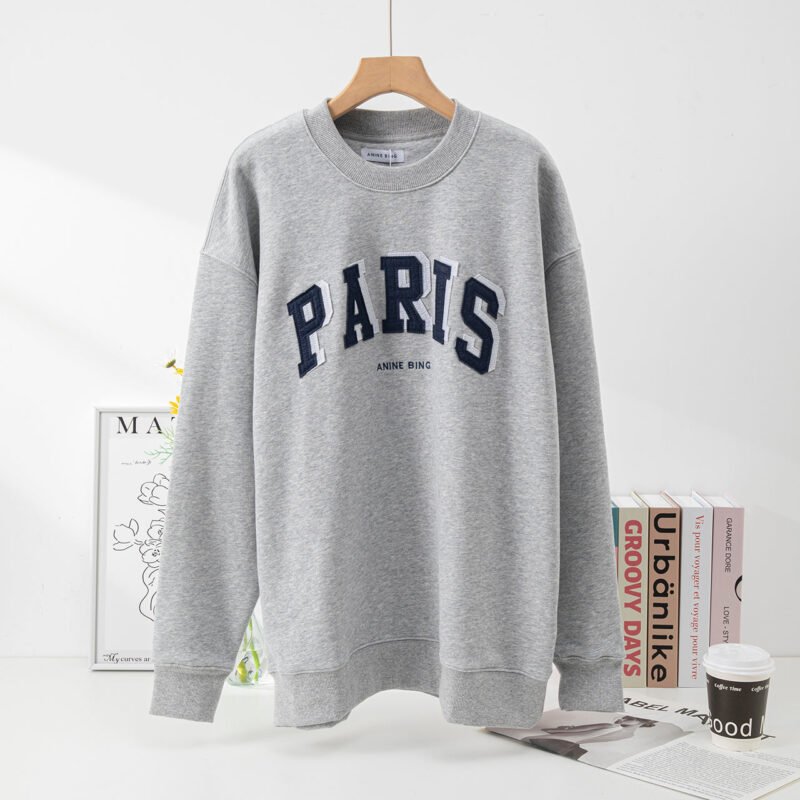 Navy Blue Classic Letter Patch Embroidery Lining Plus Velvet Loose Women's Sweatshirt-ABS2406DBL - 图片 10