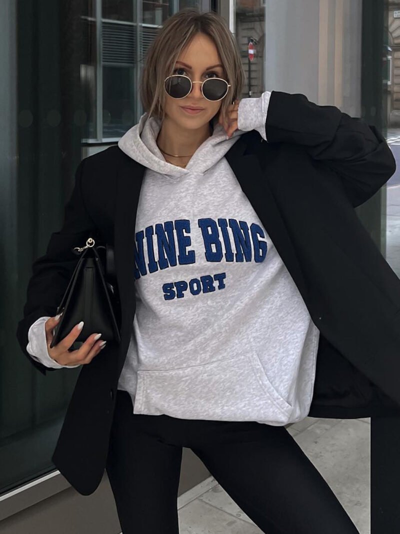 Grey Special Embroidery Letters Hand-cranked Embroidery Embroidered Fleece Women's Hooded Sweatshirt-ABS2418GY - 图片 2