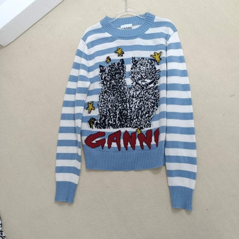Cat Intarsia Letter Striped Knitted Wool Blend Long Sleeve Pullover Sweaters Women-GN24 - 图片 8