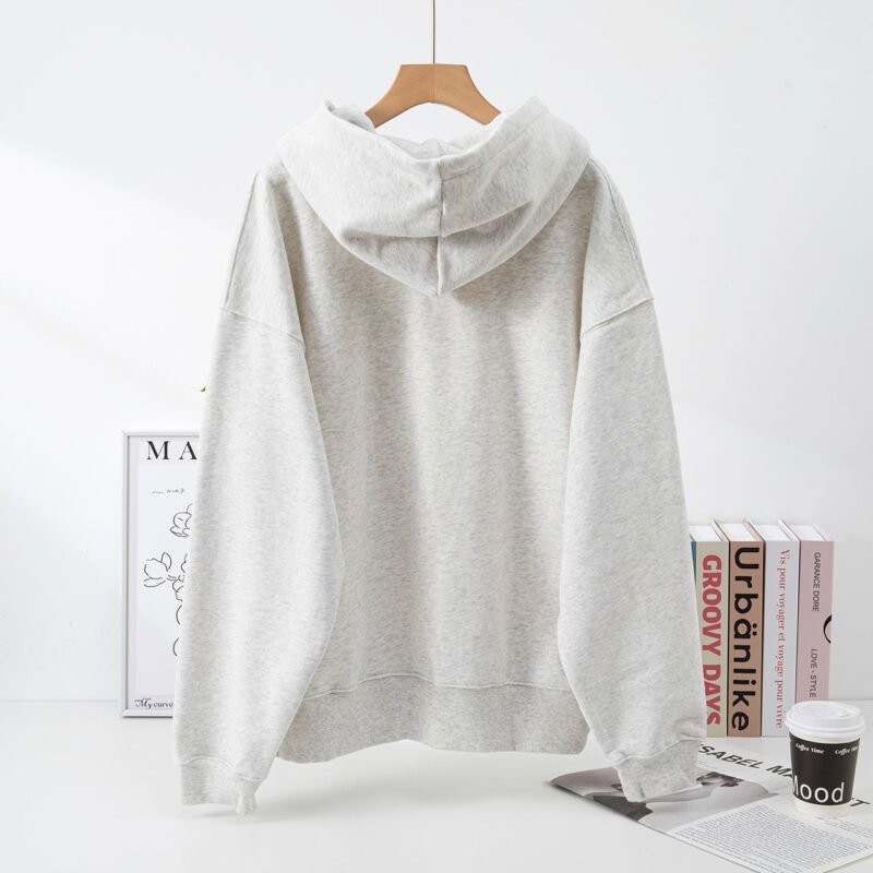Classic Grey Letter Print Plush Women's Loose Hooded Sweatshirt-ABS2428GY - 图片 3