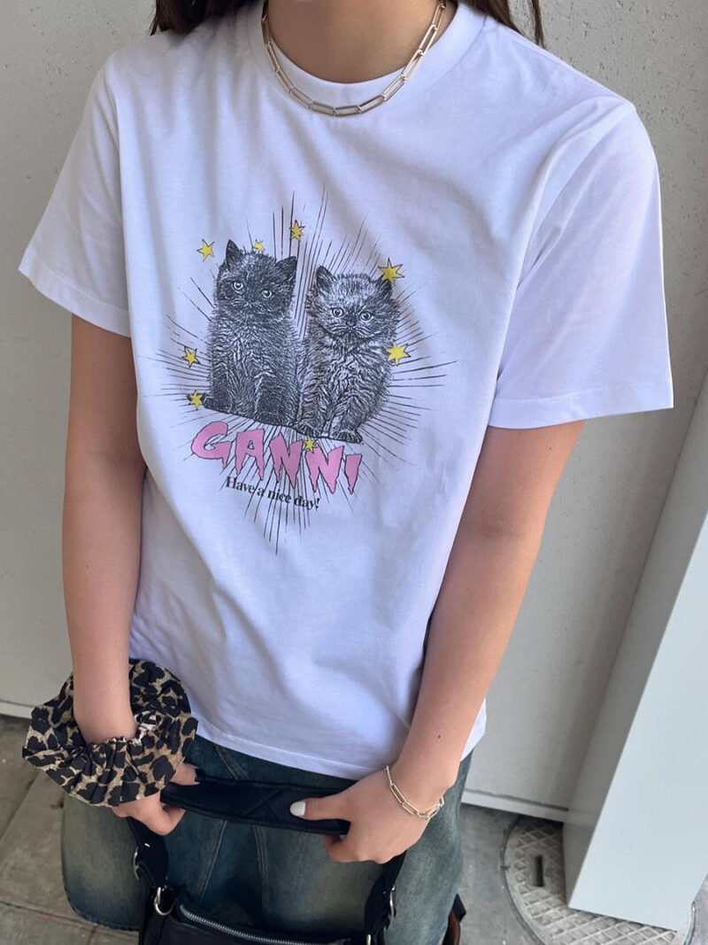 Cats Graphic Printed Letter White T-shirt Women Crew Neck Cotton Fashion Casual Cozy Tops T-shirts-GN11 - 图片 2