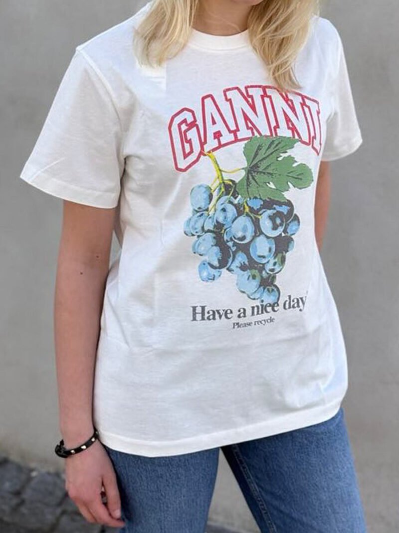 Grape Printed Graphic Letter Beige T-shirt Women Cotton Crew Neck Casual Short Sleeve Tops Tee Shirts-GN01 - 图片 2