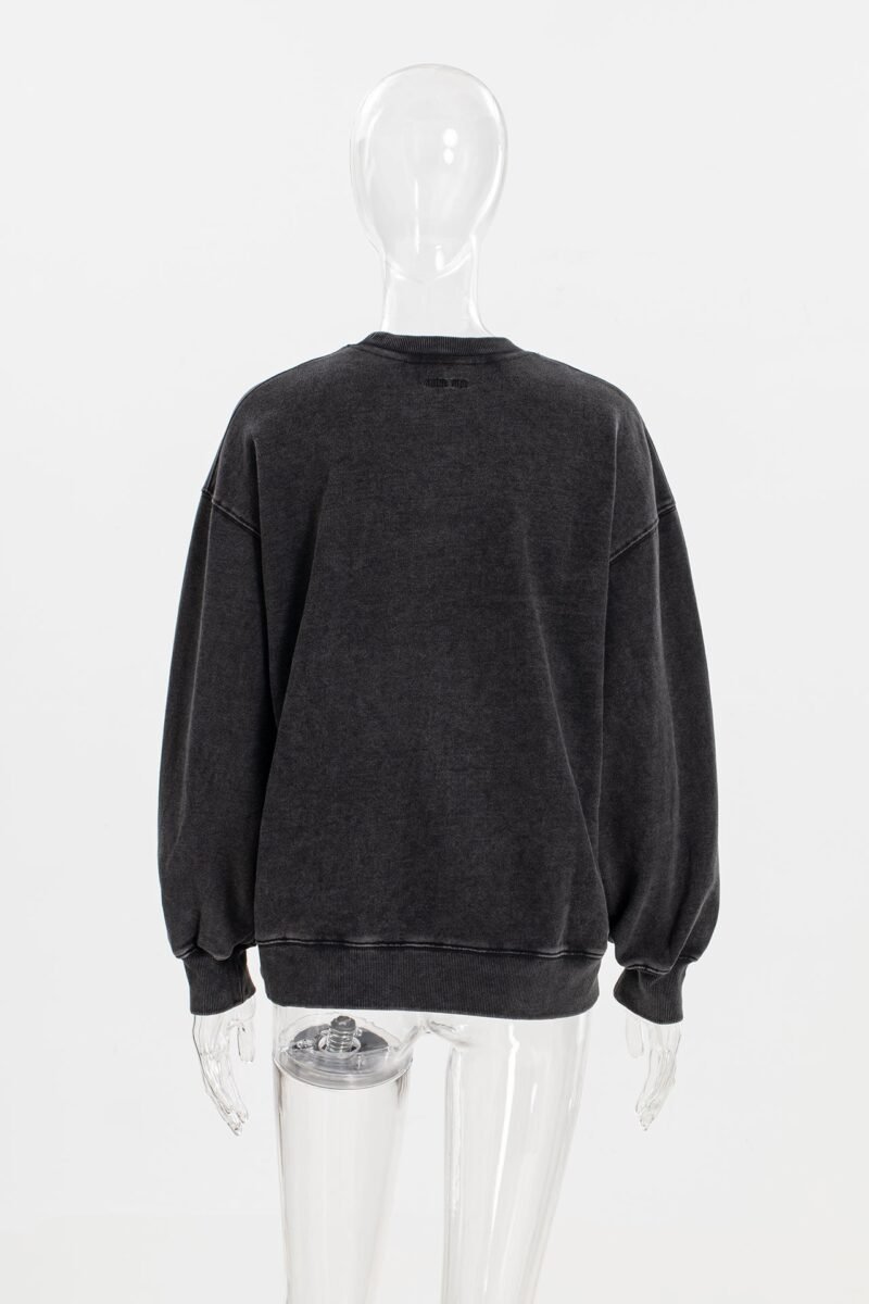 Black Classic Letter Patch Embroidery Fried Color Dyed Washed Distressed Women's Sweatshirt-ABS2482BK - 图片 5