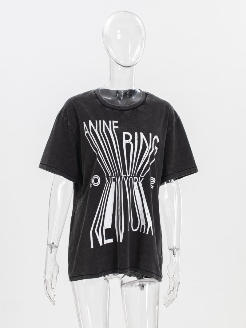 2025 Classic Letter Printed Washed Distressed Women's Short Sleeve T-shirt-ABC03BK - 图片 5