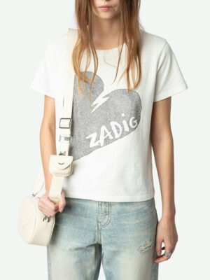 Heart Letters and Rhinestones White Cotton O-Neck Ladies Short-sleeved T-shirt-DH-ZV-169