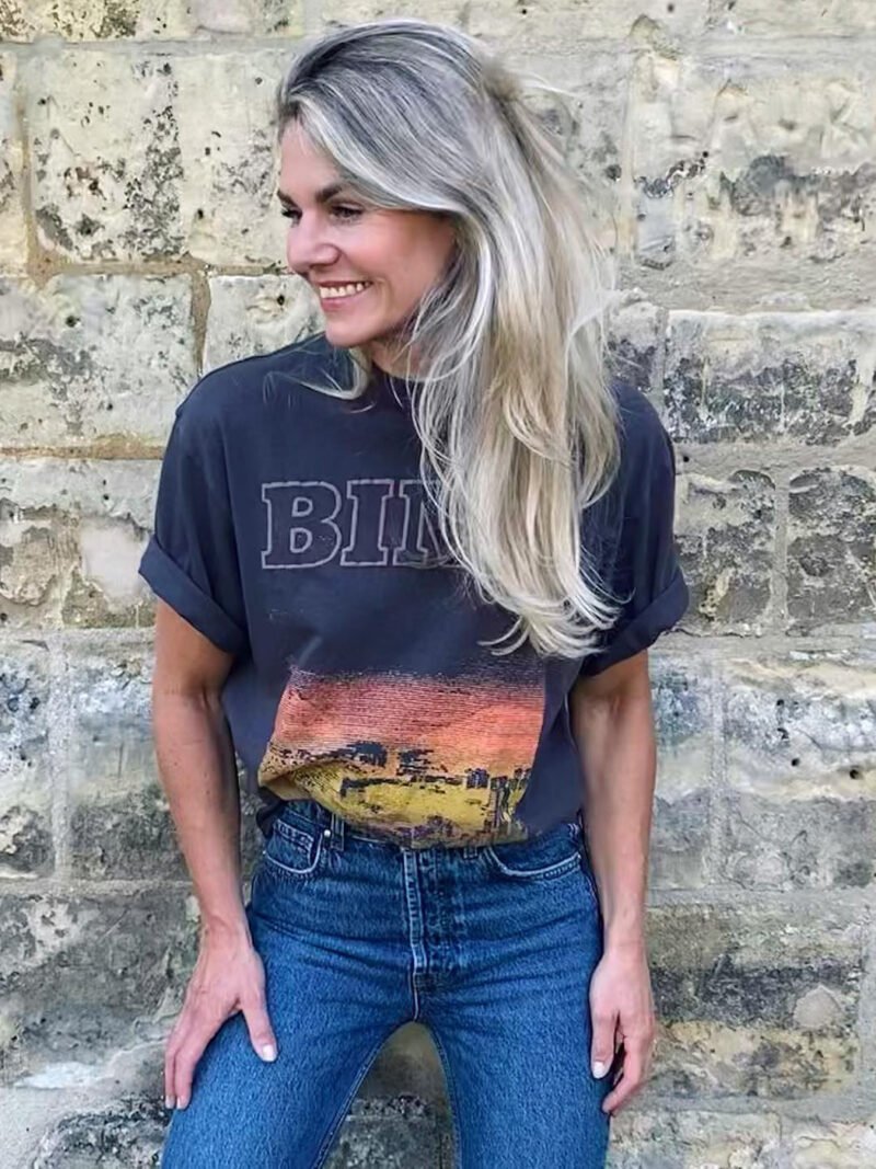 Letter City Sunset Digital Print Loose Women's Short Sleeve T-shirt-ABT30BK - 图片 13