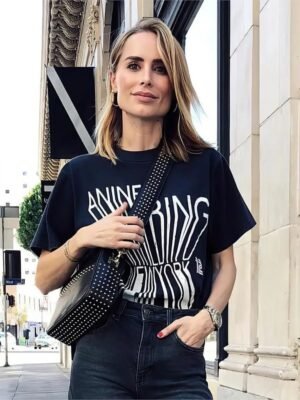 2025 Classic Letter Printed Washed Distressed Women's Short Sleeve T-shirt-ABC03BK