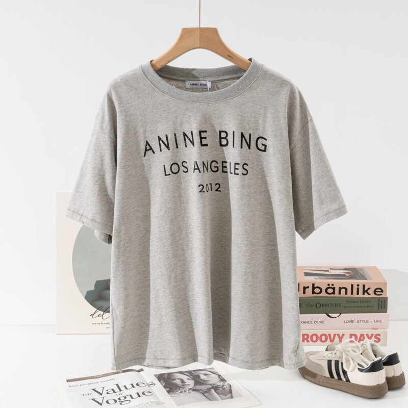 Letter Printed Grey Cotton Women's Round Neck Short Sleeve T-Shirt-ABS2498GY - 图片 2
