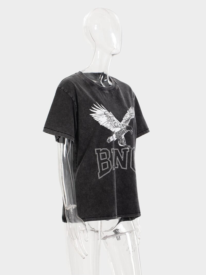 Classic Eagle Letter Printed Washed Distressed Women's Short Sleeve T-Shirt - ABC04BK - 图片 5