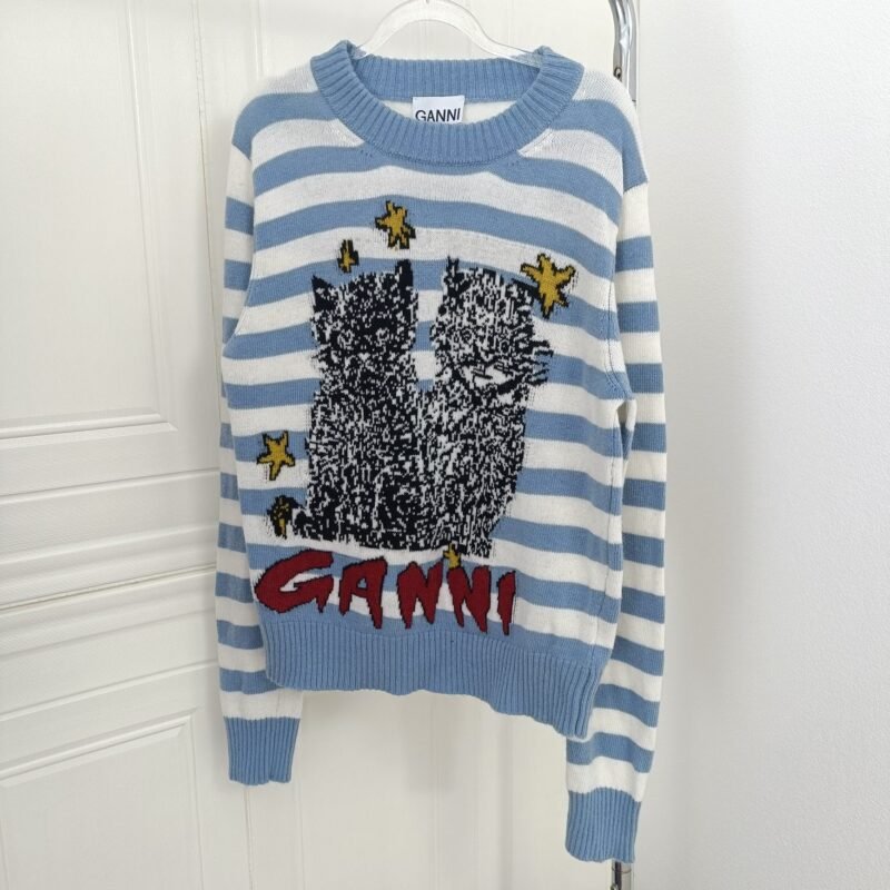 Cat Intarsia Letter Striped Knitted Wool Blend Long Sleeve Pullover Sweaters Women-GN24 - 图片 6