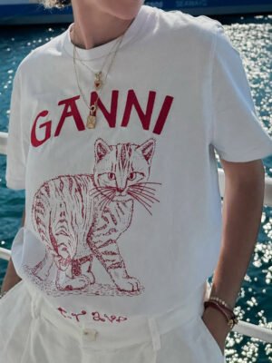 Letter Embroidery Cat Print White T-shirt Women Cotton Casual Crew Neck Short Sleeve T-shirts-GN19