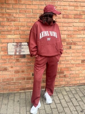 Burgundy Classic Logo Print Trouser Legs Split Elastic Waist Cotton Sweatpants Trousers for Women-ABP07RED