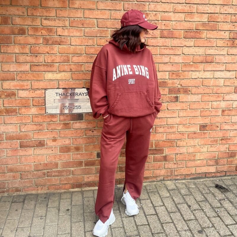 Burgundy Classic Logo Print Trouser Legs Split Elastic Waist Cotton Sweatpants Trousers for Women-ABP07RED