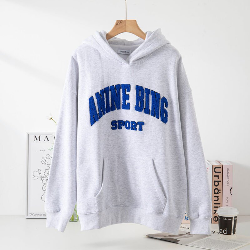 Grey Special Embroidery Letters Hand-cranked Embroidery Embroidered Fleece Women's Hooded Sweatshirt-ABS2418GY - 图片 3