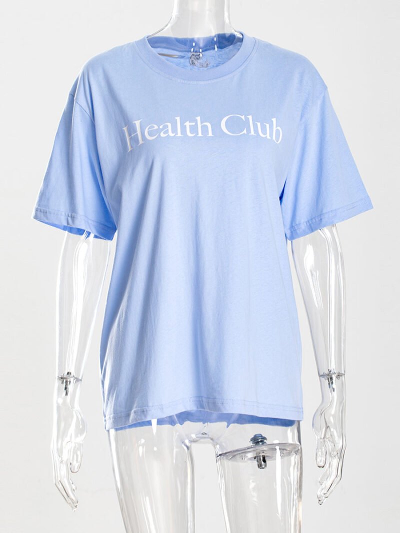 Blue Letter Print Classic Cotton Short Sleeve T-shirt-GN61 - 图片 3