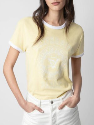 Letter Print Collar Cuffs Contrast Yellow Women's Short-sleeved T-shirt-DH-ZV-28