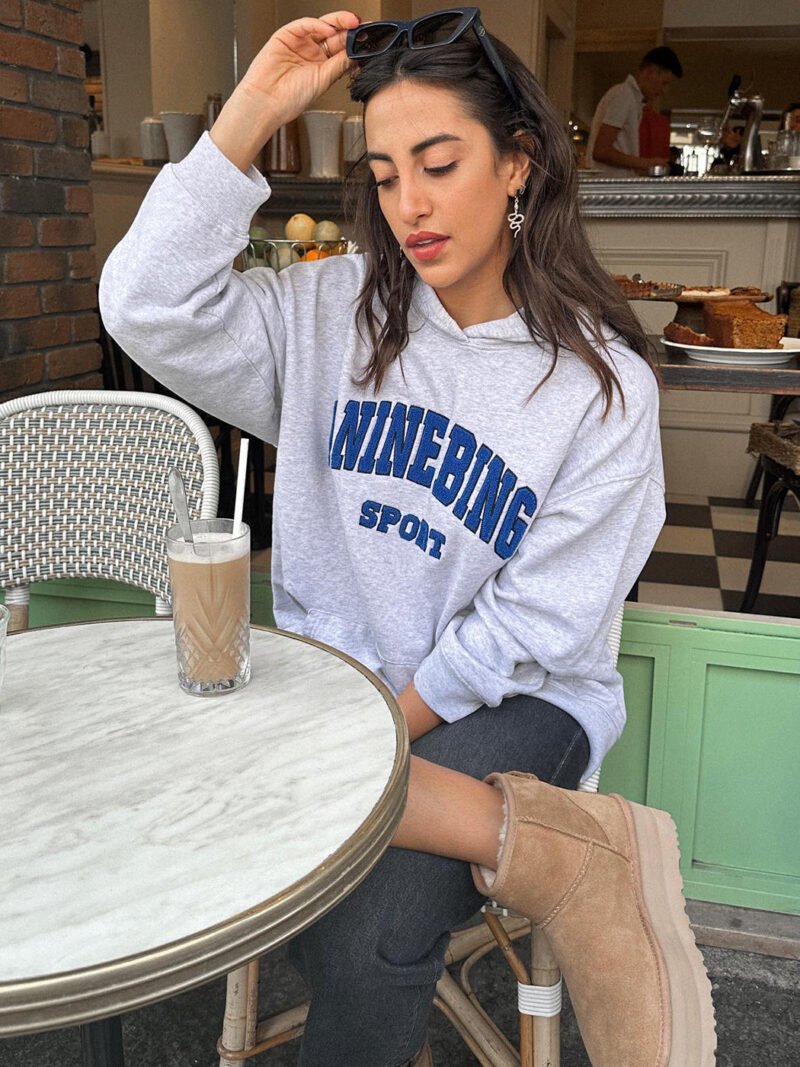 Grey Special Embroidery Letters Hand-cranked Embroidery Embroidered Fleece Women's Hooded Sweatshirt-ABS2418GY