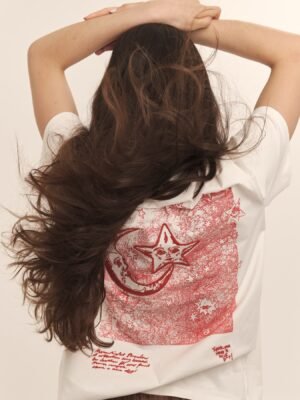 Photo Poster Printed Letter Embroidery White Casual T-shirt Women-GN08