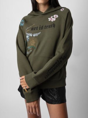Letter Print Flowers Skull and Wings Embroidery Women's Fleece Hoodie-DH-ZV-77