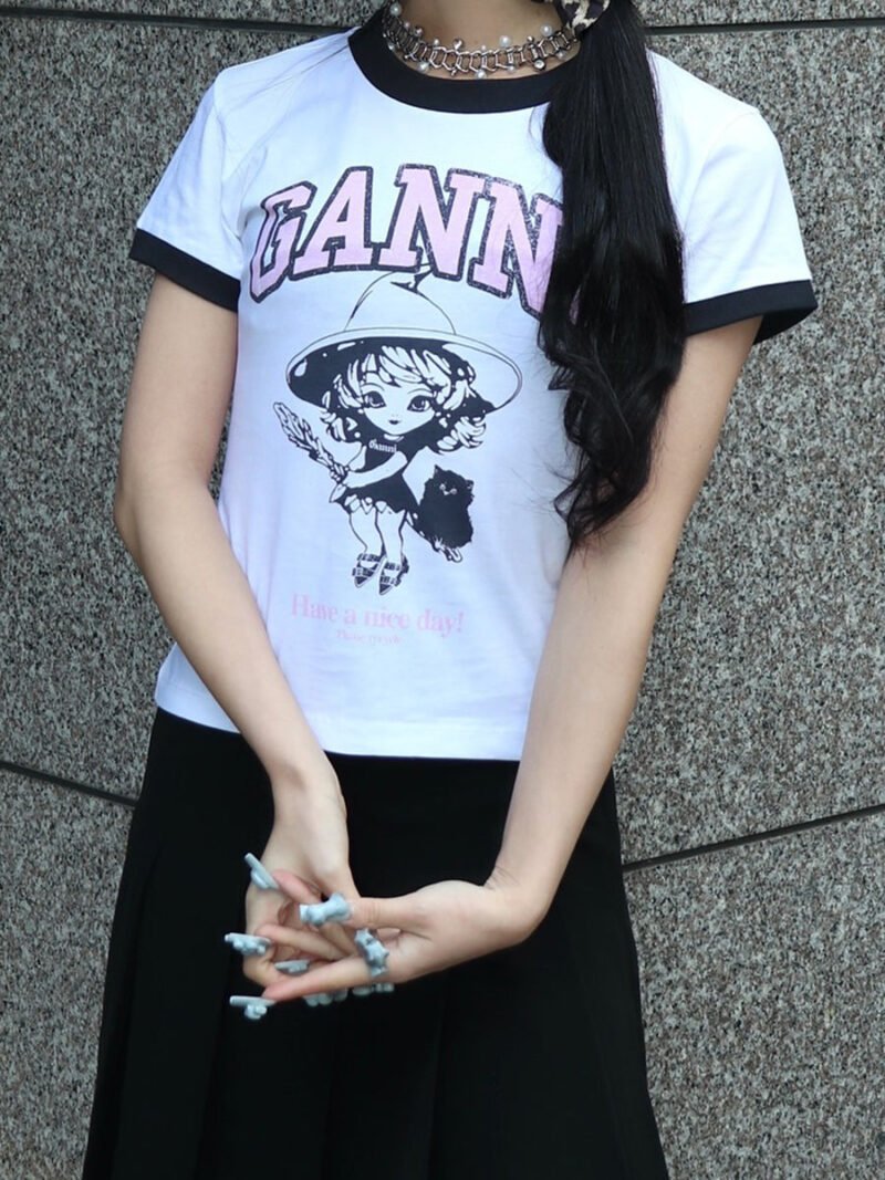Girl Graphic Printed Cotton Slim T-shirt Women Contrast Crew Neck Short Sleeve Fashion White T-shirts-GN17 - 图片 2