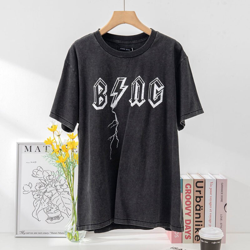Women's Short-sleeved T-shirt with BING Lightning Print Tops-ABT16BK - 图片 2