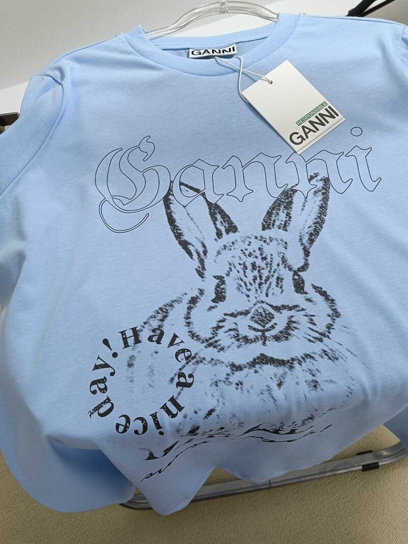 Rabbit Printed Graphic Letter Blue T-shirt Women Round Neck Cotton Casual Fashion Tops T-shirts Summer-GN09 - 图片 7