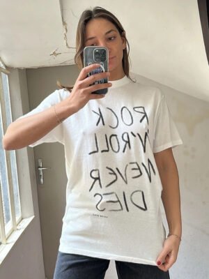 Letter Graffiti Watercolor Print Loose Cotton Women's White Short Sleeve T-shirt-ABT38WT