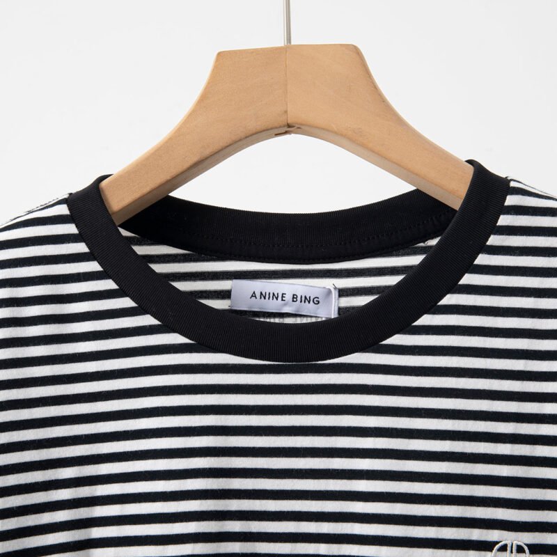 Women's Cotton Round Neck Long Sleeve T-shirt with Striped Logo Embroidery-ABT01stri - 图片 3