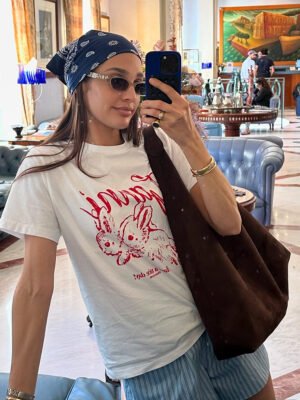 Rabbit Printed White Cotton Letter O-neck Short Sleeve T-shirt-GN22