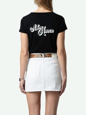 Classic Letter Print U-Neck Black Ladies Short Sleeve T-Shirt-DH-ZV-135