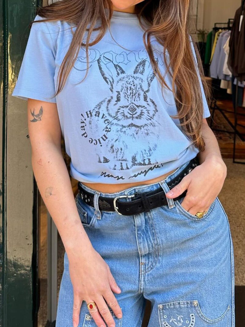 Rabbit Printed Graphic Letter Blue T-shirt Women Round Neck Cotton Casual Fashion Tops T-shirts Summer-GN09