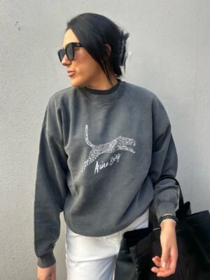 Leopard Letter Print Washed and Fried Color Distressed Black and Gray Women's Sweatshirt- ABS2478BK