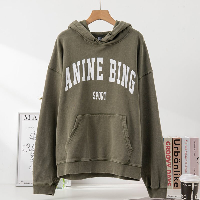 Green Classic Letter Print Washed Color Fried Snowflake Loose Hooded Sweatshirt-ABS2405GN - 图片 2