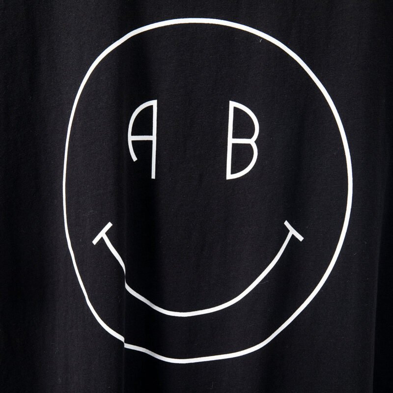 Smiley Face Printed Cotton Crew Neck Black Women's Short Sleeve T-Shirt-ABT02BK - 图片 5