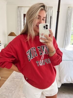 Classic Letter Print Lining Loose Red Women's Sweatshirtr-ABS2423RED