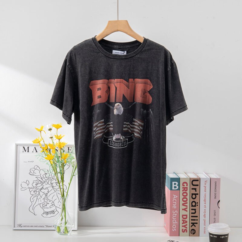 Black and Gray Eagle Flag Print Distressed Washed Ladies Short-sleeved T-shirt-ABT18BK - 图片 3