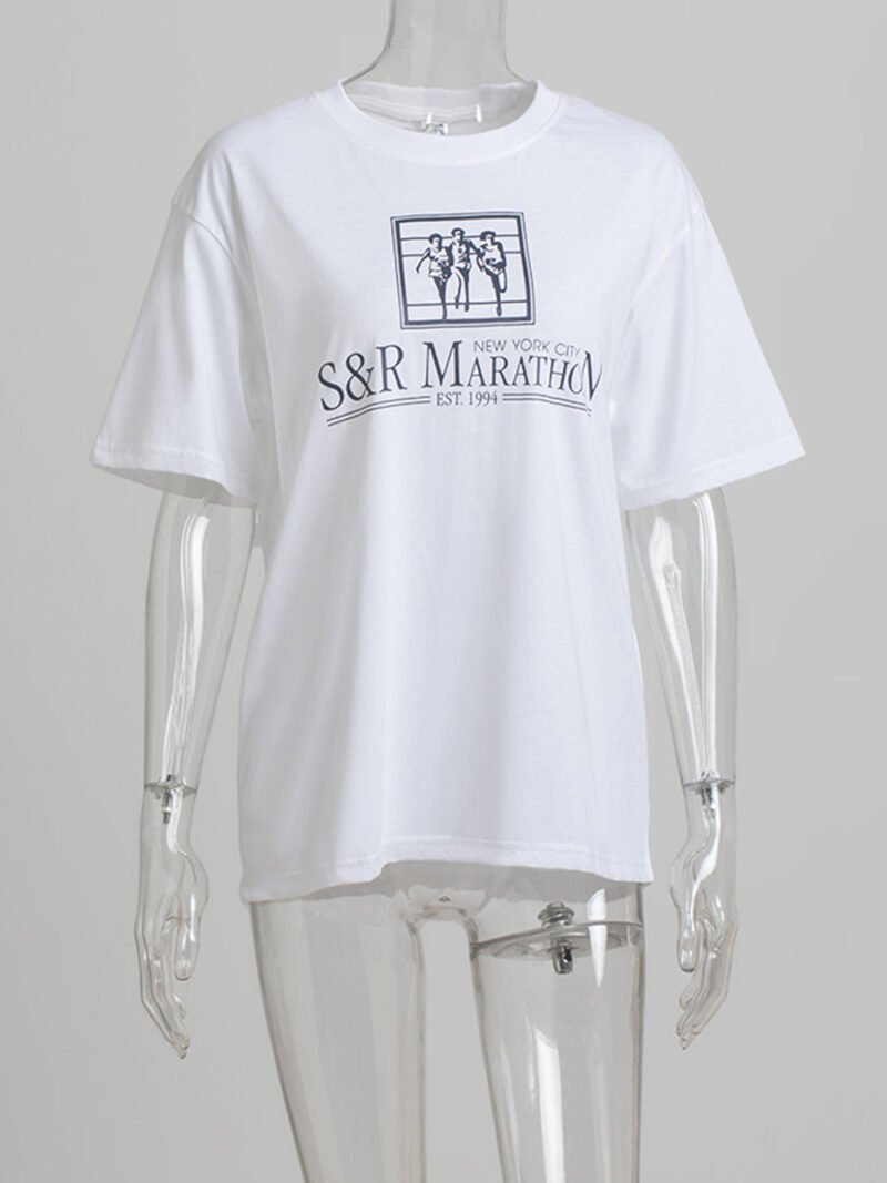 Running Graphic Print Letter White T-shirt Women Tops-GN52 - 图片 2