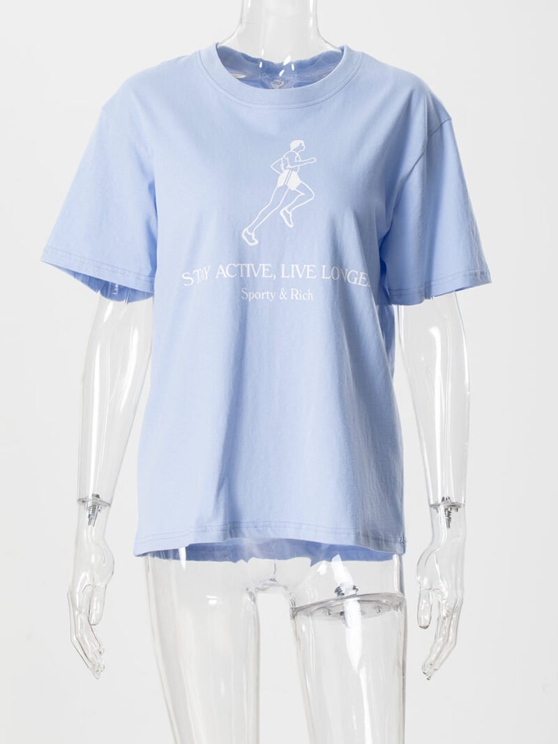 Blue Letter Print Short Sleeve T-shirts For Women's Tops-GN54 - 图片 2