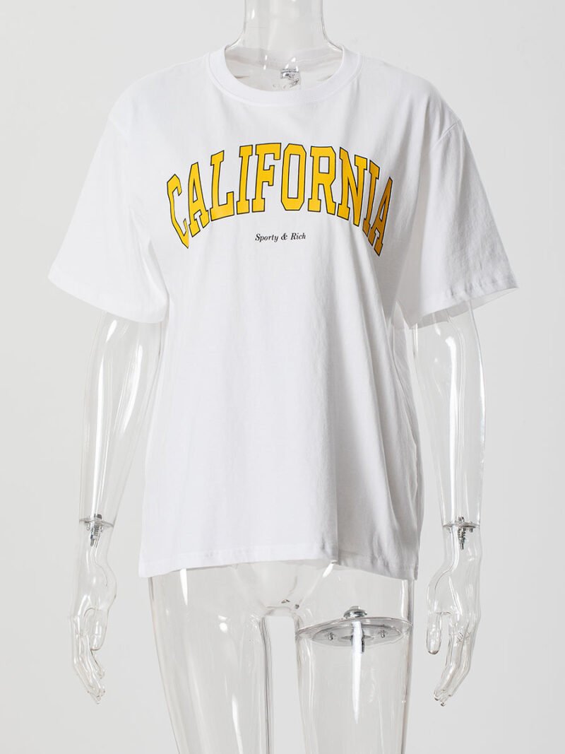 Women's White Letter Print Short Sleeve T-shirt-GN53 - 图片 2