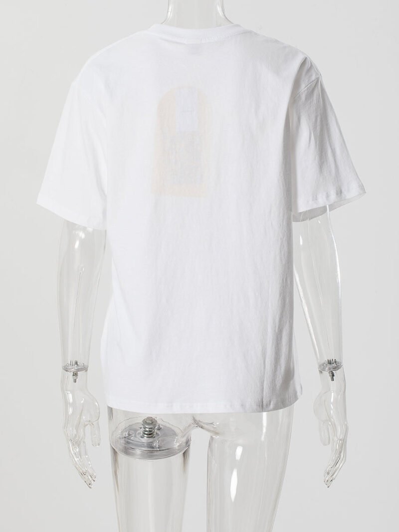 Women's White Letter Print Short Sleeve T-shirt-GN53 - 图片 3